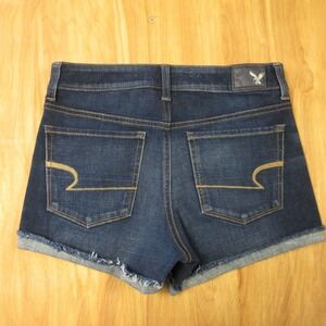 AMERICAN EAGLE Hi-Rise Shortie Sz 6 Cuffed Blue‎ Denim Jean Shorts Raw Hem Jorts